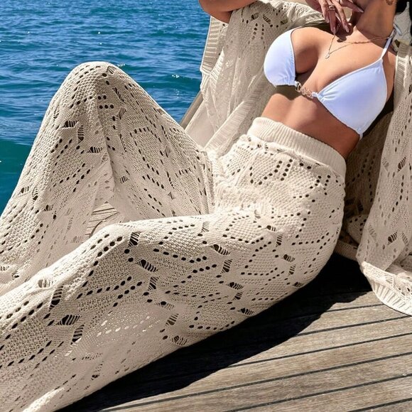 Beige Women's Crochet Knit Cover Up Jacket And Pants Cover-Up Set - Picture 7 of 7
